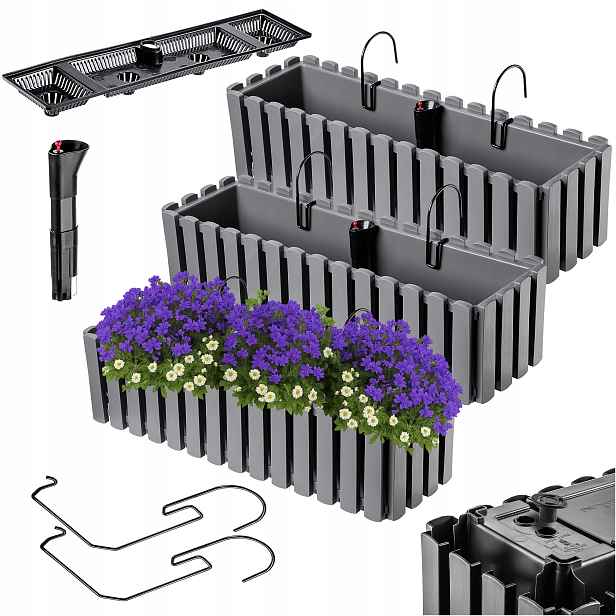 3x Balkonový Truhlík Květináč 60 cm Květináč S Úchytkami Závěsný Balkon Šedý