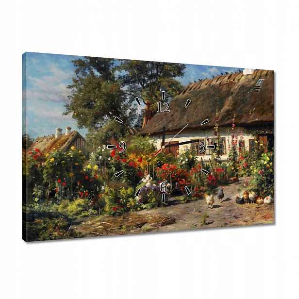 Hodiny 60x40 Venkovský domek s květinami