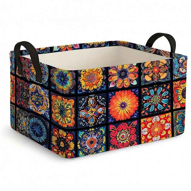 TEMU 1ks Velký skládací úložný koš v boho stylu s kolážovými vzory - Velkoformátová obdélníková krabice z plátna vhodná na oblečení, deky a domácí