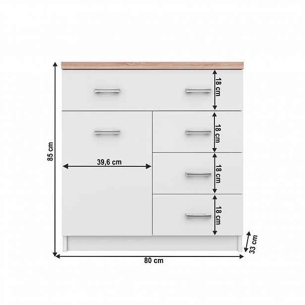 TOPTY TYP 12 komoda 1D4S, bílá/dub sonoma