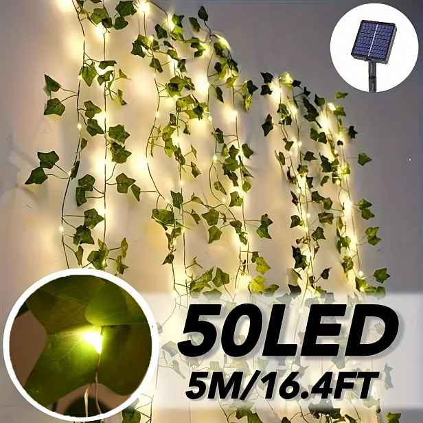 TEMU Solární světelný řetěz s břečťanem, 23 stop, 50 LED, realistické , venkovní dekorativní světelný řetěz, 8 režimů blikání, vhodný na balkóny,