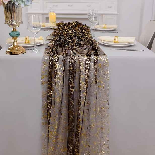 TEMU 2ks Elegantní zlatý běhoun na stůl, šířka 70 cm a délka 3 metry, průsvitný šifonový tyl se zlatými flitry a třpytkami, kovová fólie, romantický