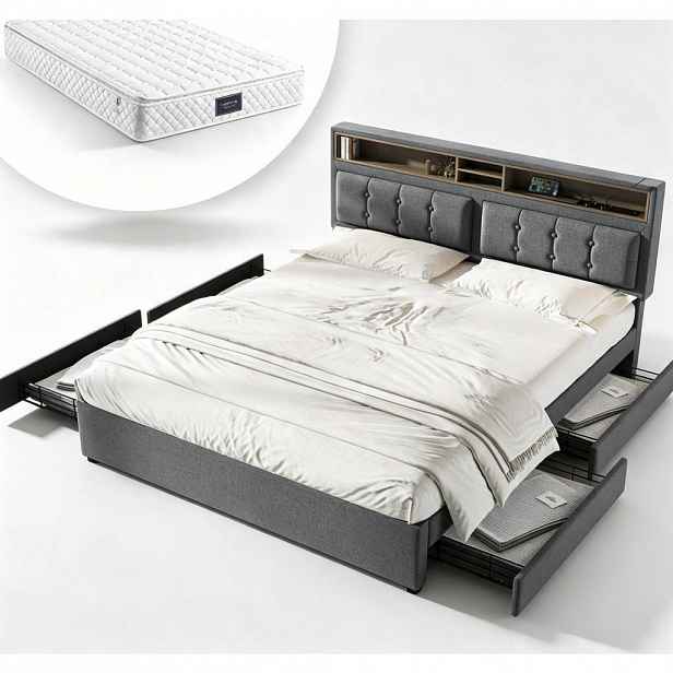 CHICFURN ČALOUNĚNÁ POSTEL 140/200 cm v šedé barvě se 4 zásuvkami, USB a Type-C