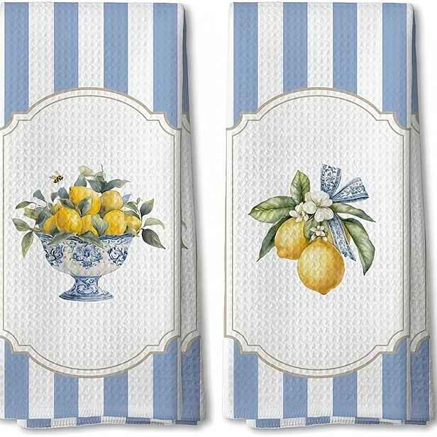 TEMU Modrobílá čínská kuchyňská utěrka s vzorem citronů 16x24 palců, porcelánové pruhované dekorativní utěrky s citroníku, sada 2 ks do koupelny a