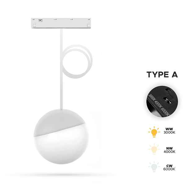 Závěsná Led lampa Kula Bílá 3CCT Typ A 6W Smart Track 48VDC