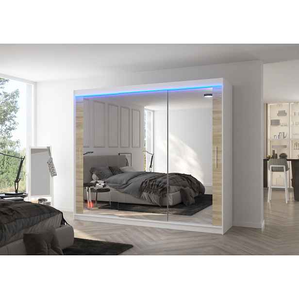 Velká zrcadlová skříň 250 cm s LED osvětlením CALRA - bílá / dub sonoma