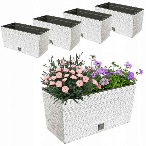 4x Květináč 12L balkonový truhlík 39,5x19,5 cm bílá objemná vložka 8L