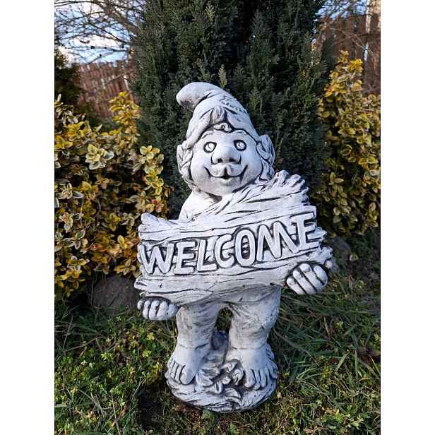 Betonová figurka Skřítek Welkome Gnóm Troll, dekorativní zahradní figurka