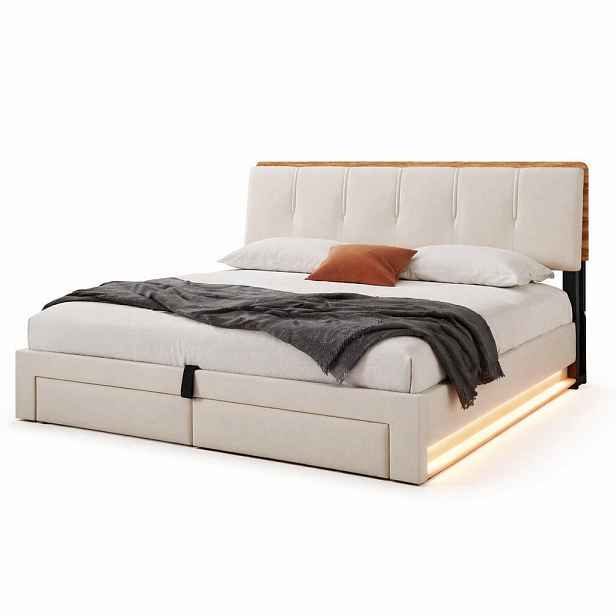 CHICFURN ČALOUNĚNÁ POSTEL 180/200 cm v béžové barvě s úložným prostorem, LED osvětlením a USB-C