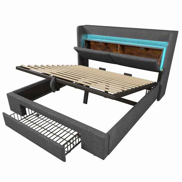 OKWISH ČALOUNĚNÁ postel 180/200 cm šedá z lnu s hydraulickým úložným prostorem, LED a USB-C