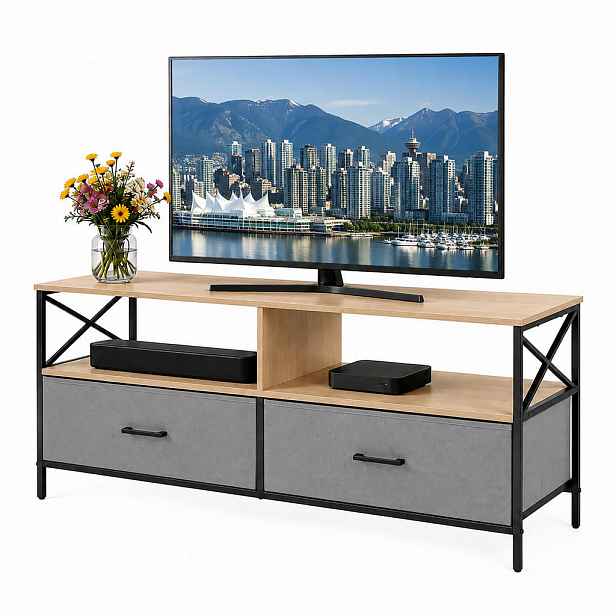 Relaxdays TV-SKŘÍŇKA greige-černá látkové zásuvky 120 cm