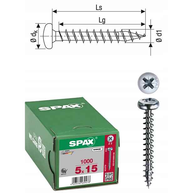 Univerzální šroub na dřevo spax 5 x 15 mm Wirox Hb Pz 1000 ks