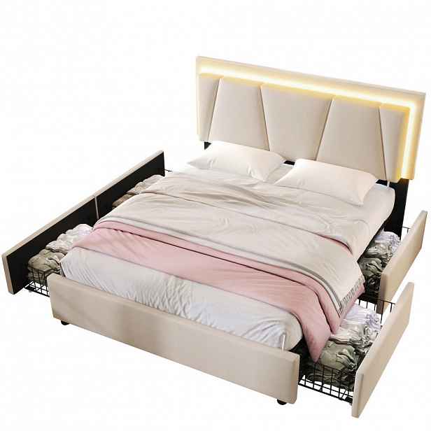 OKWISH ČALOUNĚNÁ postel 140/200 cm béžová z dřeva s LED osvětlením a 4 zásuvkami