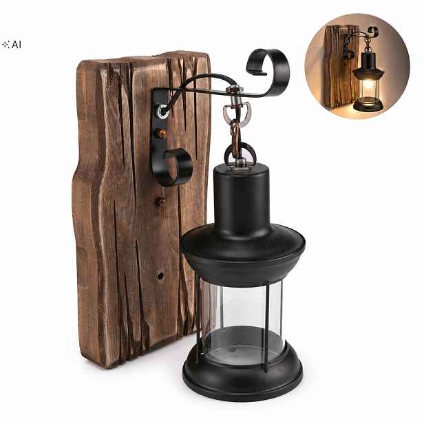 Retro rustikální nástěnná lampa, dřevěná nástěnná lampa ve stylu vintage