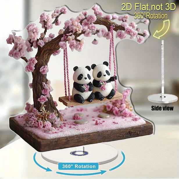 TEMU 2D plochá otočná ozdoba Panda - roztomilý dárek ke Dni otců, dekorace s třešňovými květy a houpačkou, 360° rotace, akrylová dekorace na stůl pro