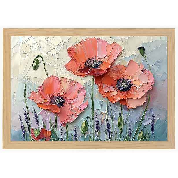 Plakát Rámeček Dřevo Příroda Květy Červené Máky Olej Impasto 60x40