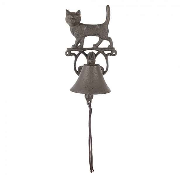 Hnědý antik litinový zvonek s kočičkou - 14*14*24 cm Clayre & Eef