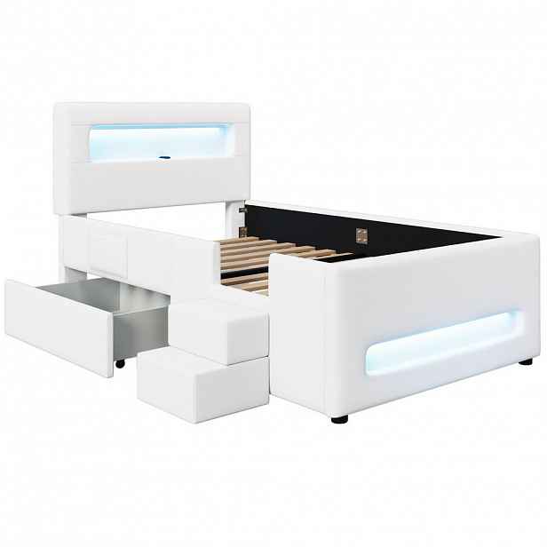 OKWISH POSTEL 90/200 cm bílá z PU a MDF s LED osvětlením a úložnou zásuvkou
