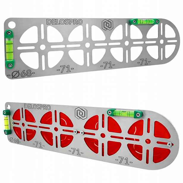 Šablona rozměrů pro 4 otvory do elektrických plechovek 68 mm, nerezová