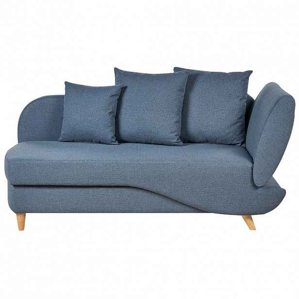 Beliani ČALOUNĚNÉ LEHÁTKO CHAISE LONGUE Imitace lnu tmavě modré s úložným prostorem pod postelí pravostranné Meri