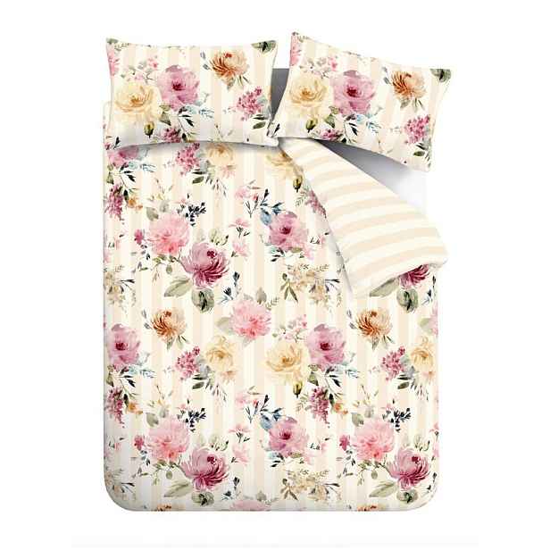Krémové povlečení na dvoulůžko 200x200 cm Floral Stripe – Catherine Lansfield