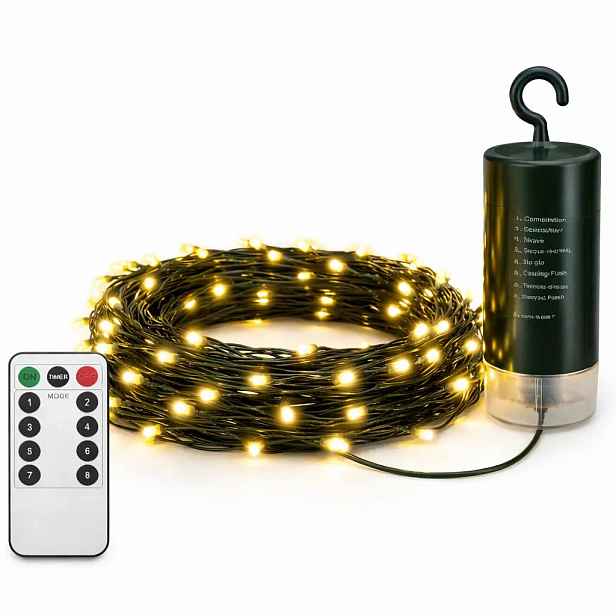 LED světýlka na baterie, venkovní, 10,2 m, teple bílá, 100 diod, tmavě zelný kabel, IP44, 4×AA