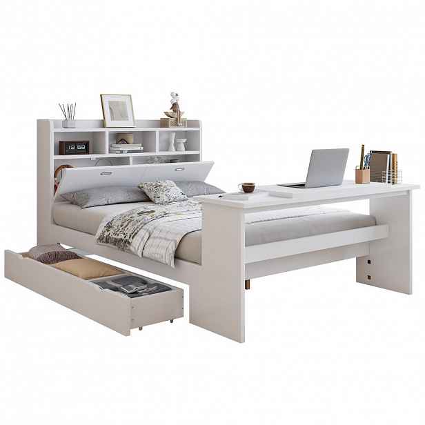 CHICFURN JUNIORSKÁ POSTEL 140/200 cm v bílé barvě se zásuvkou a sklopným stolkem