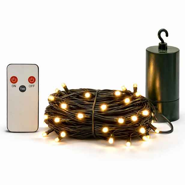 LED světýlka na baterie, venkovní, 5,2 m, teple bílá, 50 diod, tmavě zelený kabel, IP44, ovladač, 4 × AA