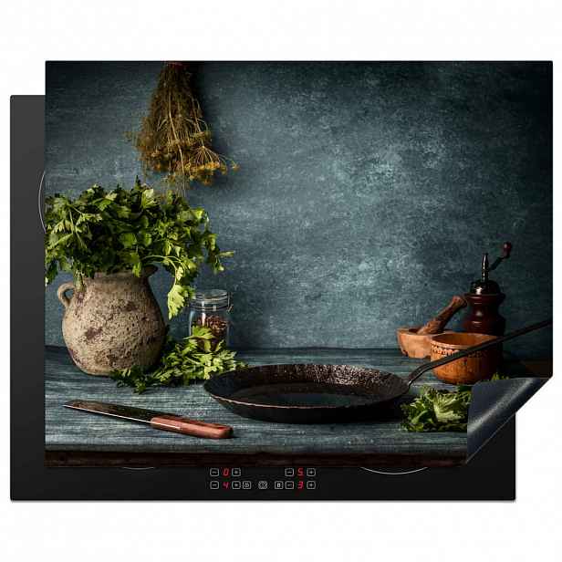 MuchoWow KRYT NA INDUKČNÍ DESKU Bylinky - Koření - Pánev - Nůž - Šedý - Rustikální 65x52 cm