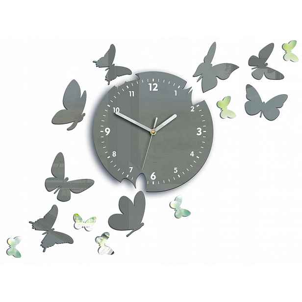 Nástěnné hodiny ModernClock – Motýl – 14 motýlů, šedé