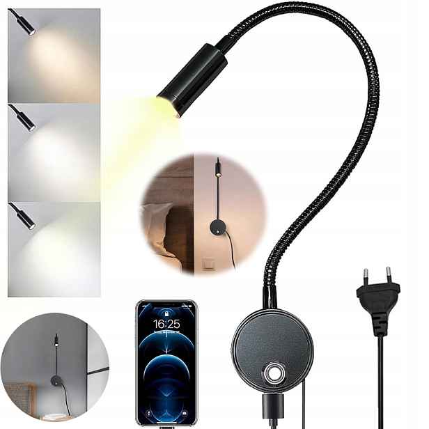 Nástěnné Svítidlo Na Čtení, Nastavitelné Noční Lampa Led Do Ložnice, Výsuvné, Černé
