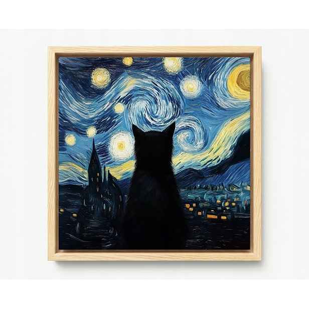 Obraz Rám American Box Van Gogh Styl Hvězdná Noc Černá Kočka 50x50