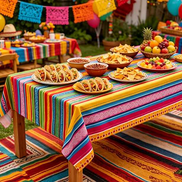 TEMU 1 ks Pruhovaný ubrus na mexickou párty, jednorázový ubrus vhodný pro mexické oslavy De Mayo a narozeninové dekorace