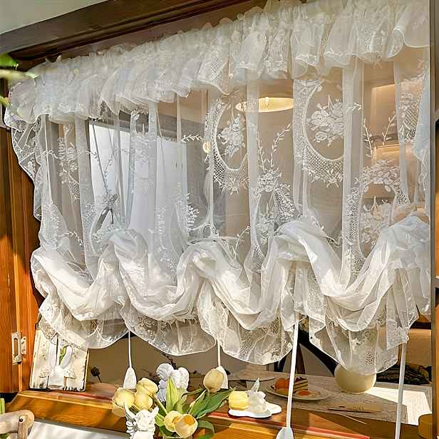 TEMU 1ks Květinově Vyšívaná Záclona s Kapsou na Tyč - 100% Polyester, Světlo Propustné Elegantní Závěsy do Obývacího Pokoje, Pratelné Umělecké