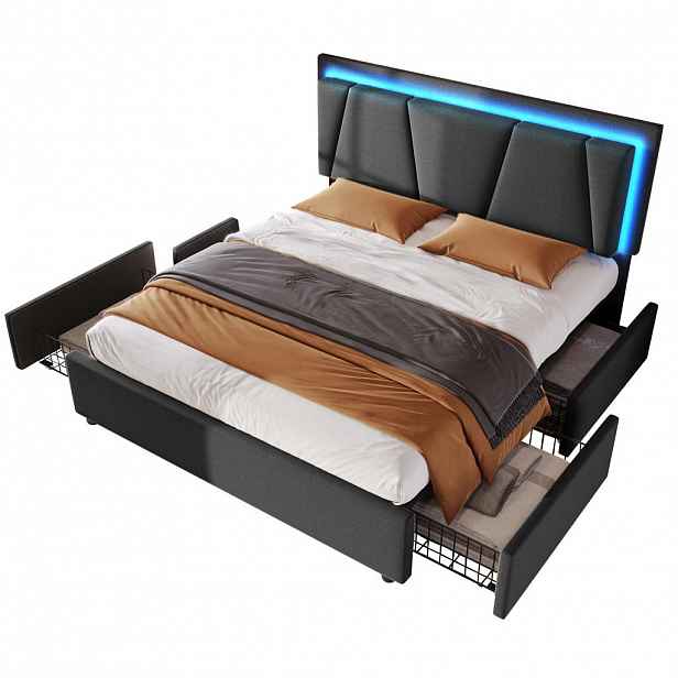CHICFURN ČALOUNĚNÁ POSTEL 140/200 cm v šedé barvě se 4 zásuvkami, LED osvětlením a nastavitelným čelem