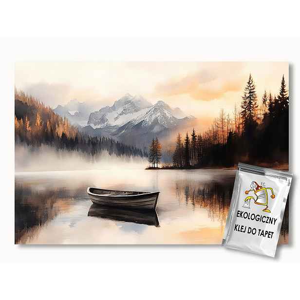 Fototapeta Flizelina Krajina Hory Jezero Loďka Slunce Západ 416x254 130g
