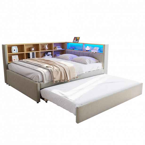 OKWISH ROZKLÁDACÍ postel 140/200 cm světle šedá z flanelu s výsuvným lůžkem LED a úložnými přihrádkami