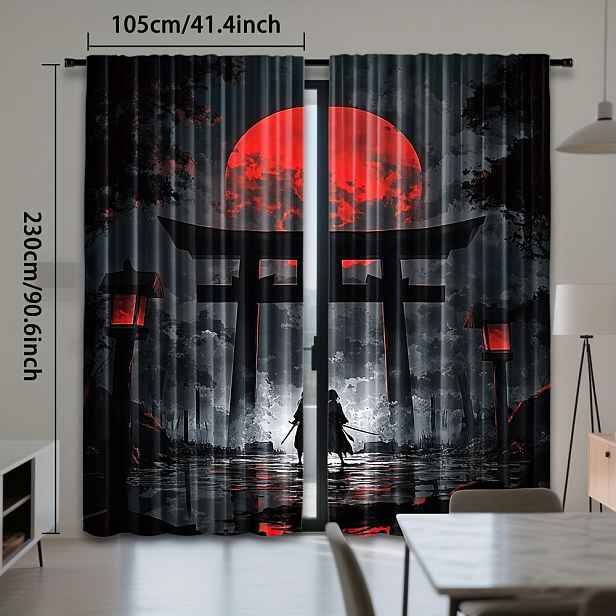 TEMU 2 ks, Anime Dívka Červený Měsíc Torii Brána Tiskové Závěsy Polyester na Tyč Světlo Filtrující do Ložnice Obývacího Pokoje Kanceláře, Ideální pro