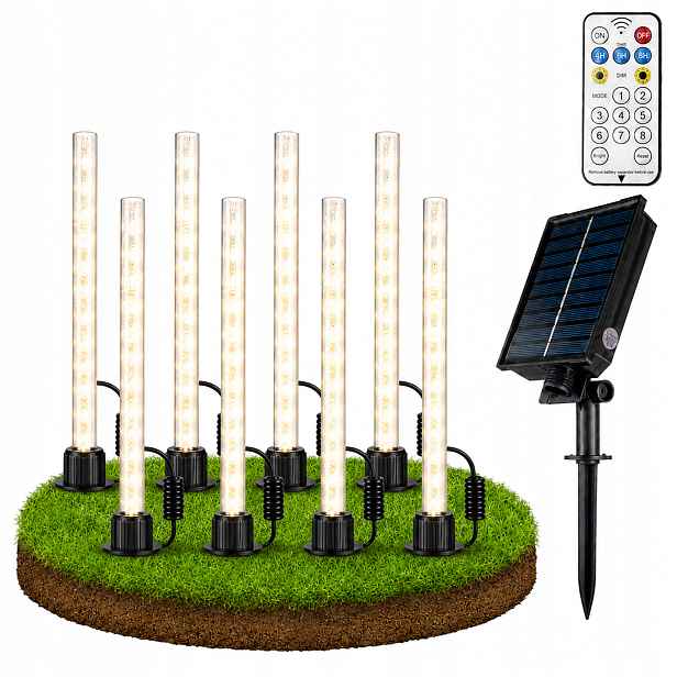 8x Solární Zahradní Lampa Zapichovací pozemní 3000K ovladač