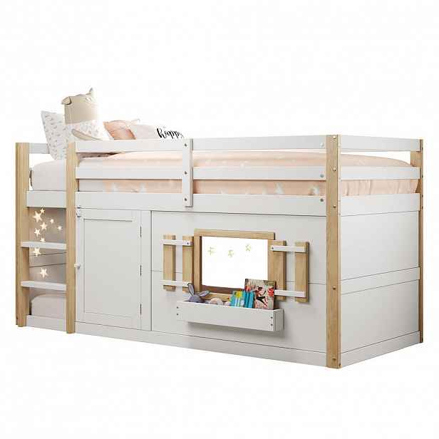 CHICFURN VYVÝŠENÁ POSTEL 90/200 cm v bílé barvě s žebříkem a prostorem na hraní