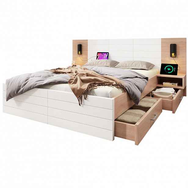 OKWISH DVOULŮŽKOVÁ postel 180/200 cm bílá a světlý dub z masivu a MDF s USB a nočními stolky