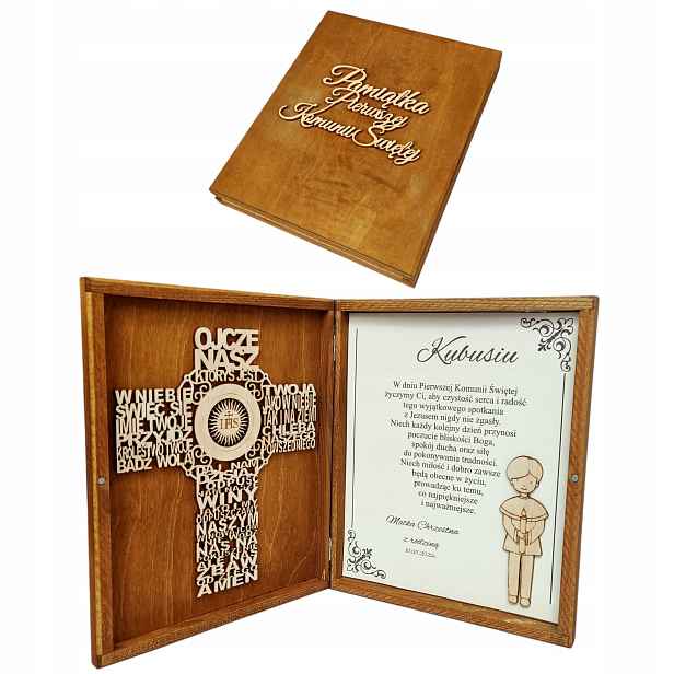 Personalizovaná památka na první svaté přijímání krabička na peníze Kříž boho