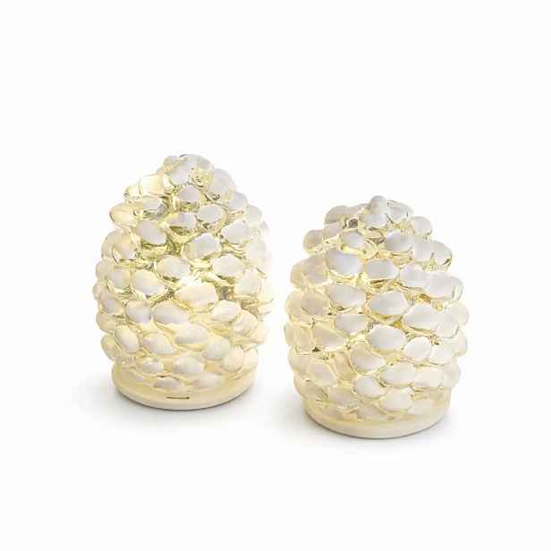 LED skleněná dekorace, šišky, sada 2 kusy, zasněžené