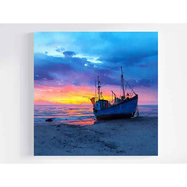 Obraz Na Plátně Canvas Krajina Moře Pláž Loď Kuter Slunce Západ 50x50
