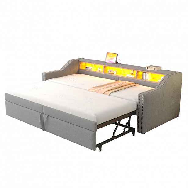 OKWISH ČALOUNĚNÁ postel 90/180 x 200 cm světle šedá z lněné tkaniny s výsuvným lůžkem, LED a USB