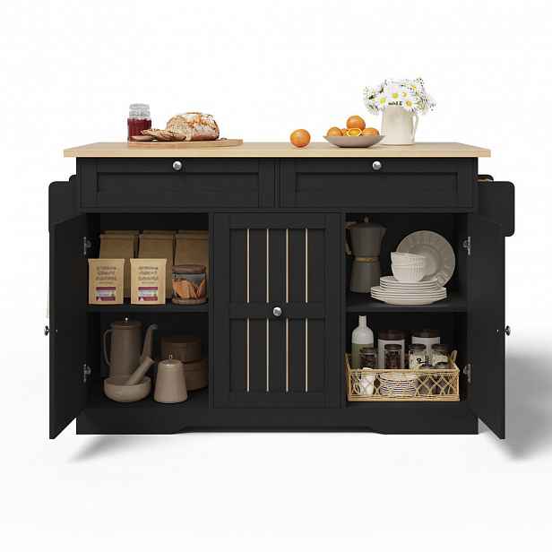 STILVORA KUCHYŇSKÝ VOZÍK černý s výklopnou pracovní deskou a zásuvkami, 120×45(70)×92 cm