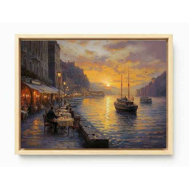 Obraz Rám Americký Box Město Promenáda Kanál Voda Lodě Kavárna 80x60