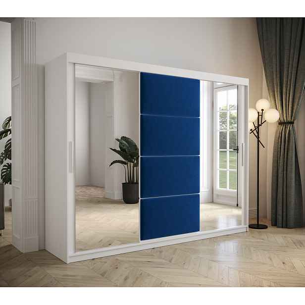 Šatní skřín Tempica 250cm se zrcadlem, bílá/modrý panel