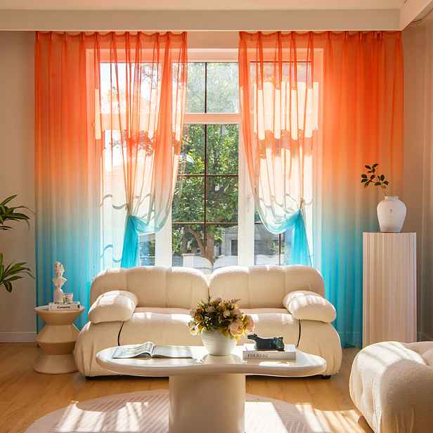 TEMU 1 Panel Oranžový A Modrý Gradient Průsvitná Závěs, Domácí Dekor
