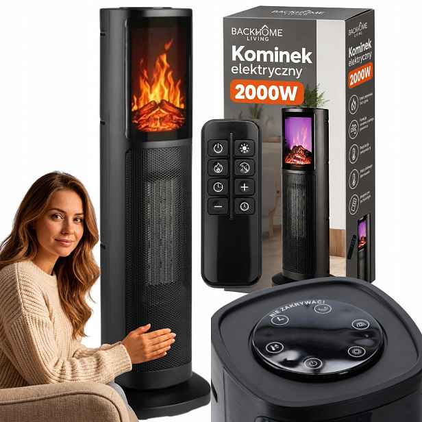 Elektrický Komínový Sloupový Radiátor S Termostatem, Oscilace, Černý 2000 W